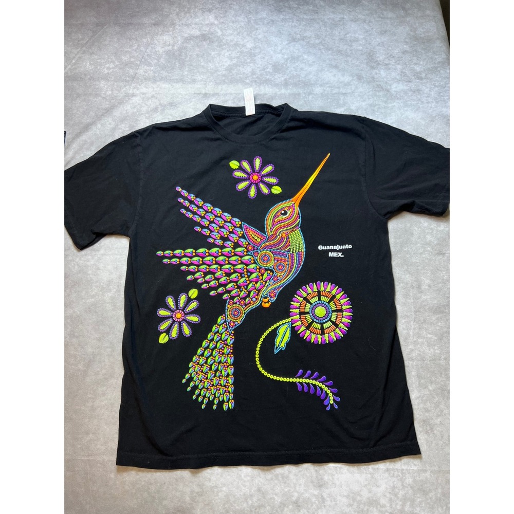 Euro Cotton Mens L Black Hummingbird Guanajuato Mexico Graphic Tee Teal Huichol